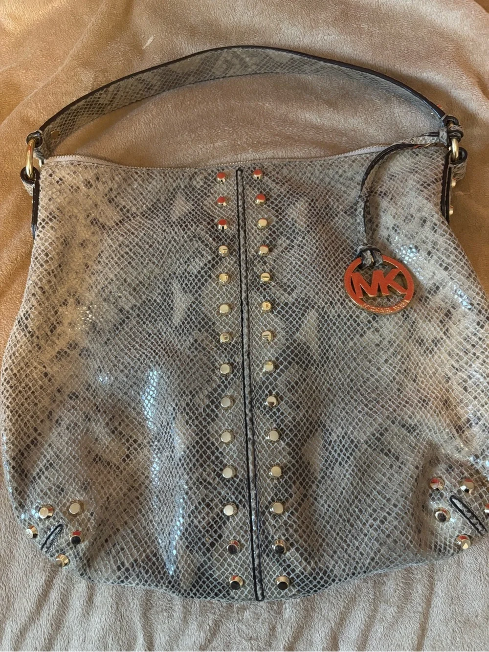 Michael Kors Gray Snake-Print Shoulder Bag with Gold Studs and Orange MK Charm